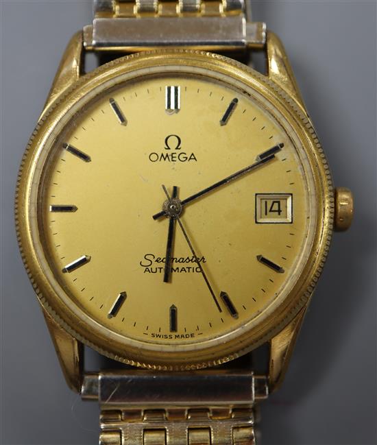 A gentlemans steel and gold plated wrist watch, with Omega Seamaster dial and case back, movement not Omega,